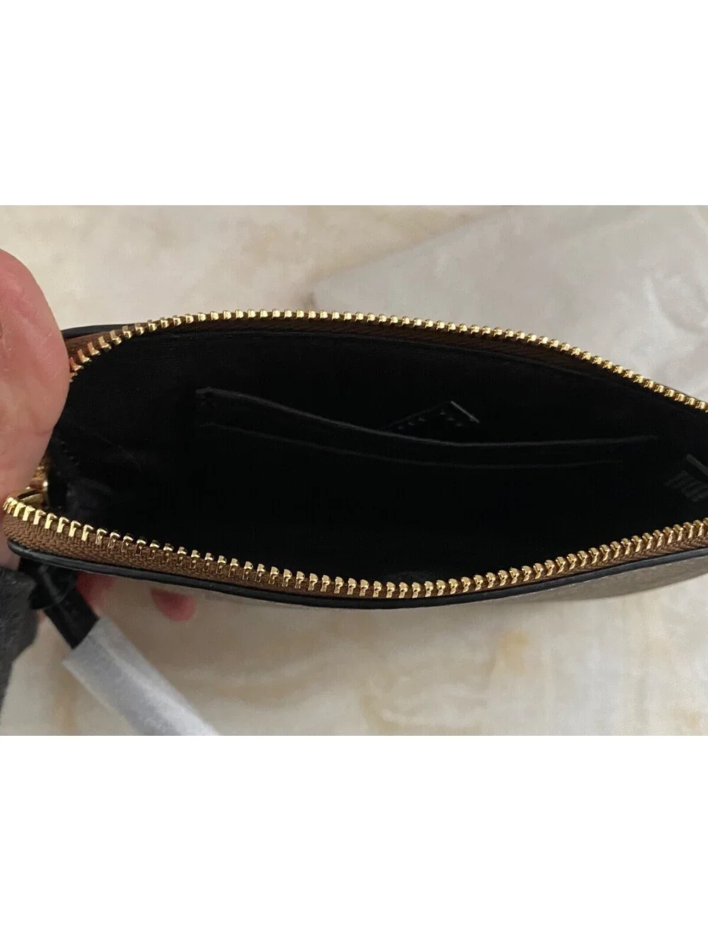 COACH WOMENS Signature PVC Leather Corner Zip Wristlet Khaki Black Leather Wrist